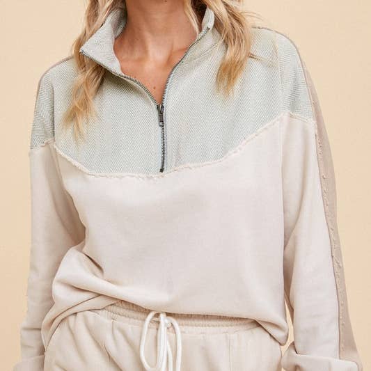 MINT ECRU COLOR BLOCK HALF ZIP UP PULLOVER for wholesale on Faire