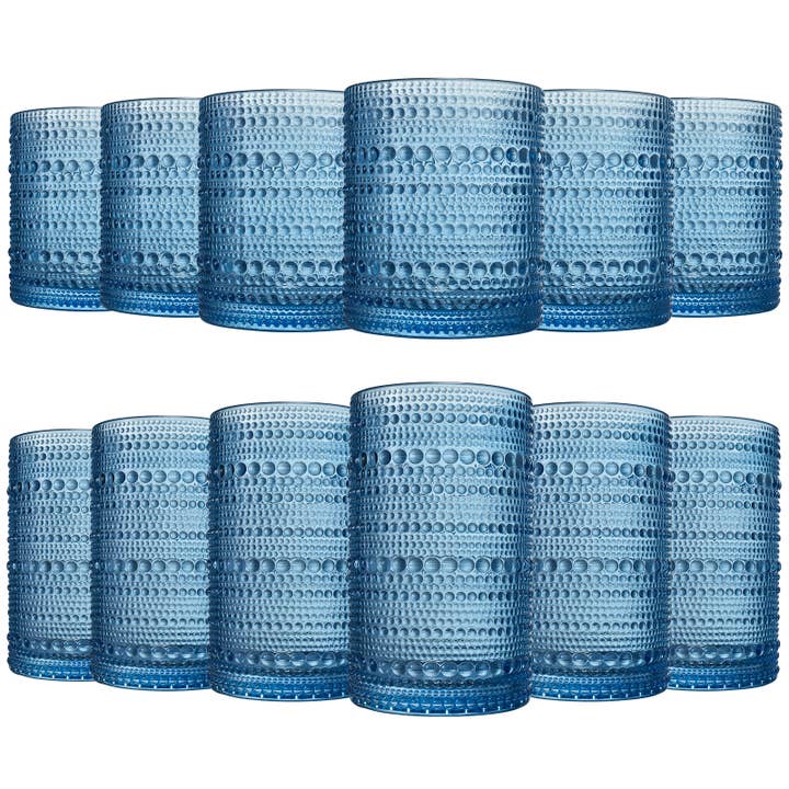 The Wine Savant / Khen Glassware - Wholesale Cocktail/Liquor Glass - Blue Hobnail Glasses, 12 Set, 6x Low 11OZ + 6x High 12OZ