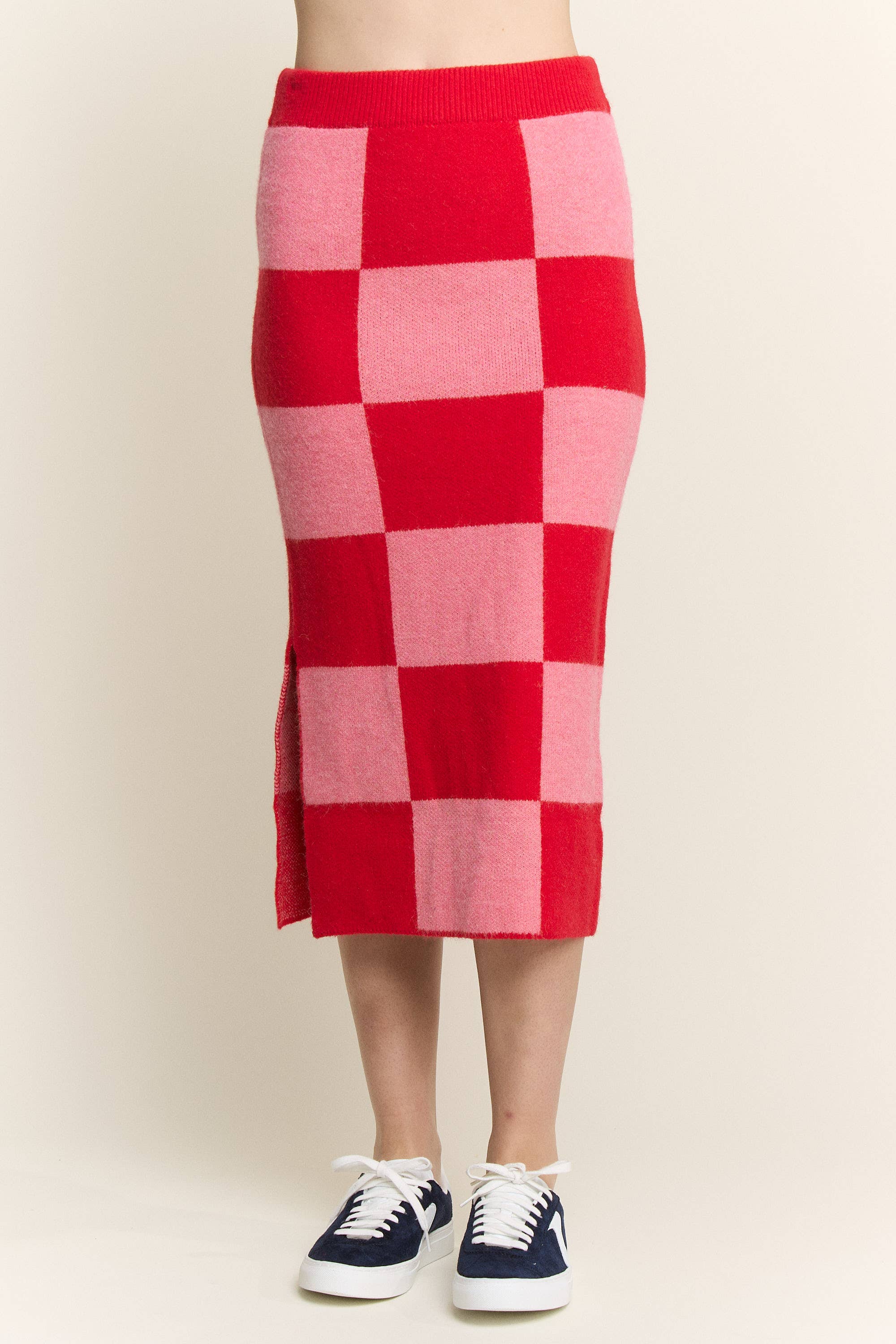 JADE BY JANE - Wholesale Skirt - Women's - BIG CHECKERED PAST KNIT PENCIL MIDI SKIRT W/ SIDE SLIT27
