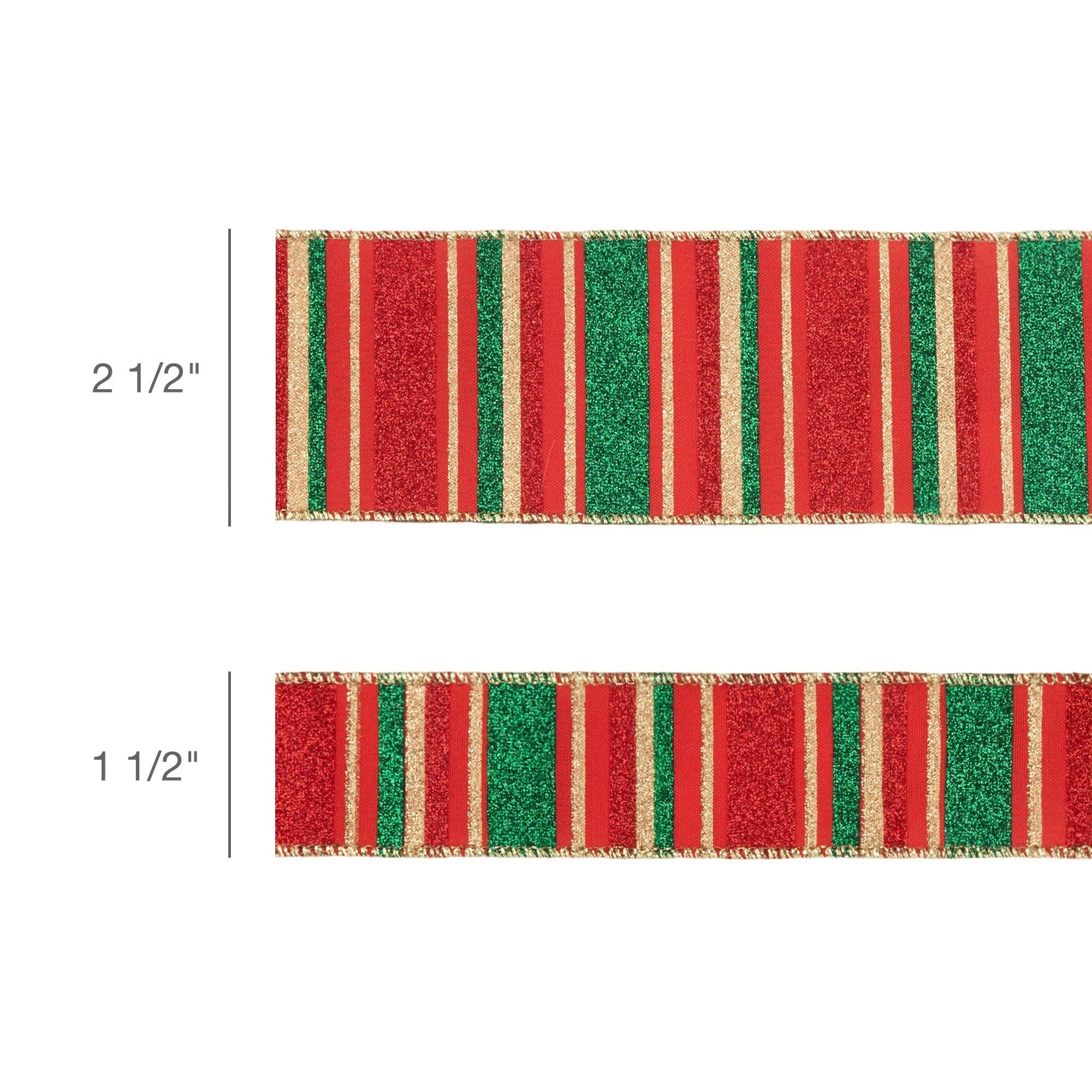 LA Ribbons Wholesale – wholesale Band – 2 1/2" Trådband | Röda, Gröna, Guld Horisontella Glittrande Ränder på Rött | 10 Yards Rulle5