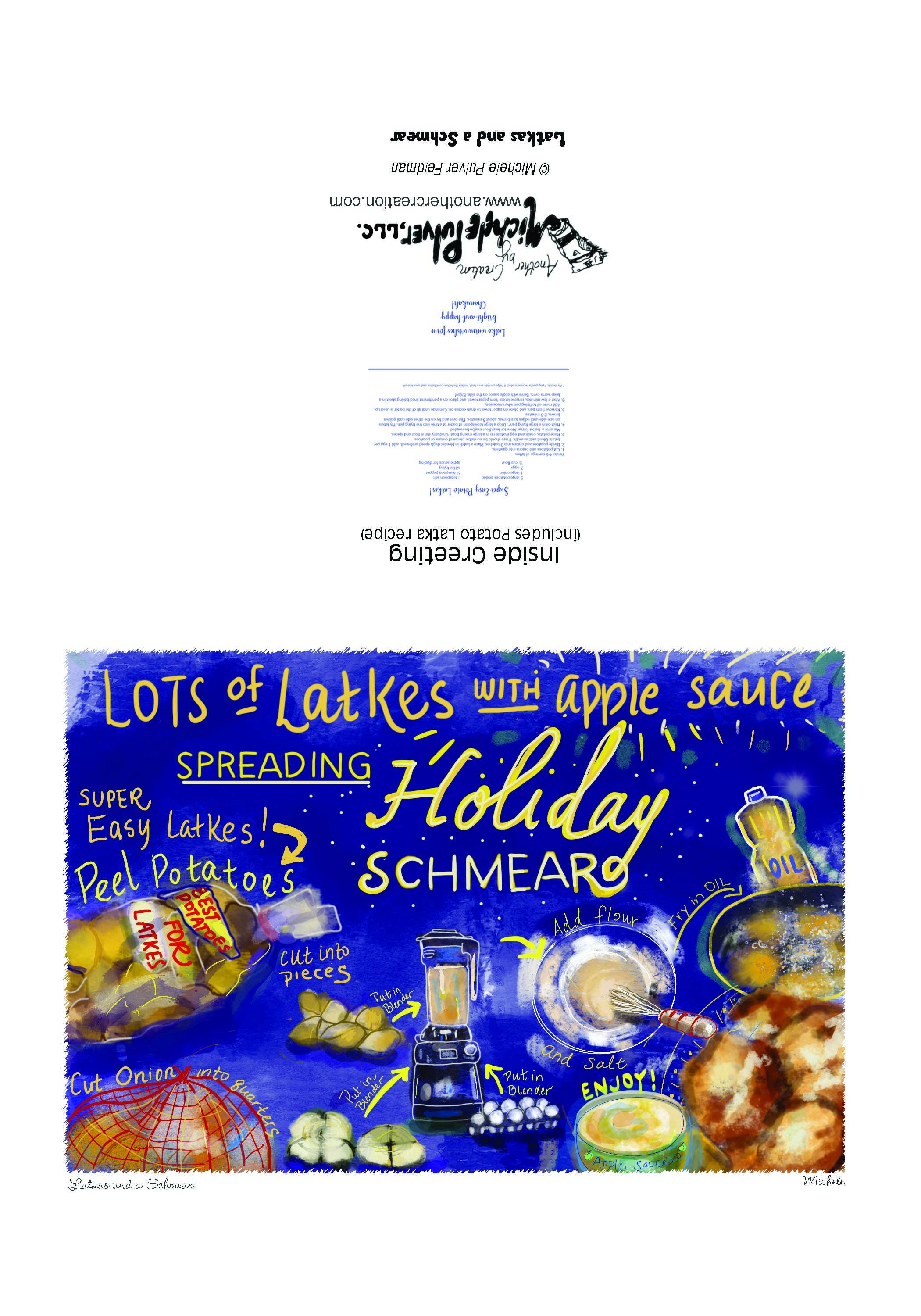 Another Creation by Michele Pulver, LLC - Wholesale Everyday Greeting Card - 1418_Latkas and a Schmear_Chanukah card with Recipe Latka1