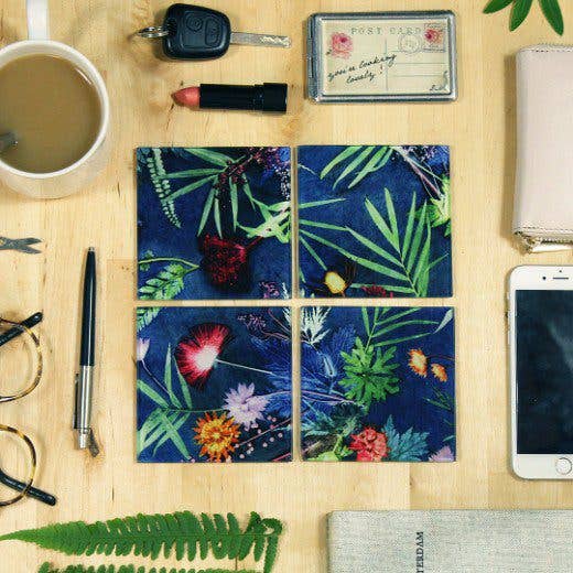 Indigo Tropical | Green & Blue Set of Glass Coasters for wholesale by Gillian Arnold