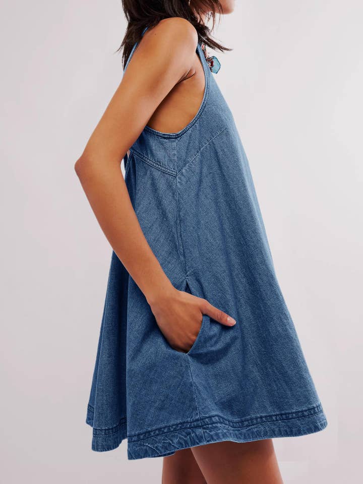 Dipped Shop - Wholesale Dress - Women's - Denim Round Neck Sleeveless Mini Dress DP25A531
