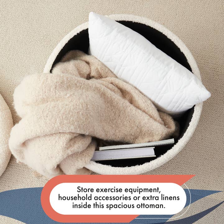 Ornavo Home - Vente Repose-pieds - Donovan Pouf Rond Capitonné en Boucle avec Rangement - Blanc