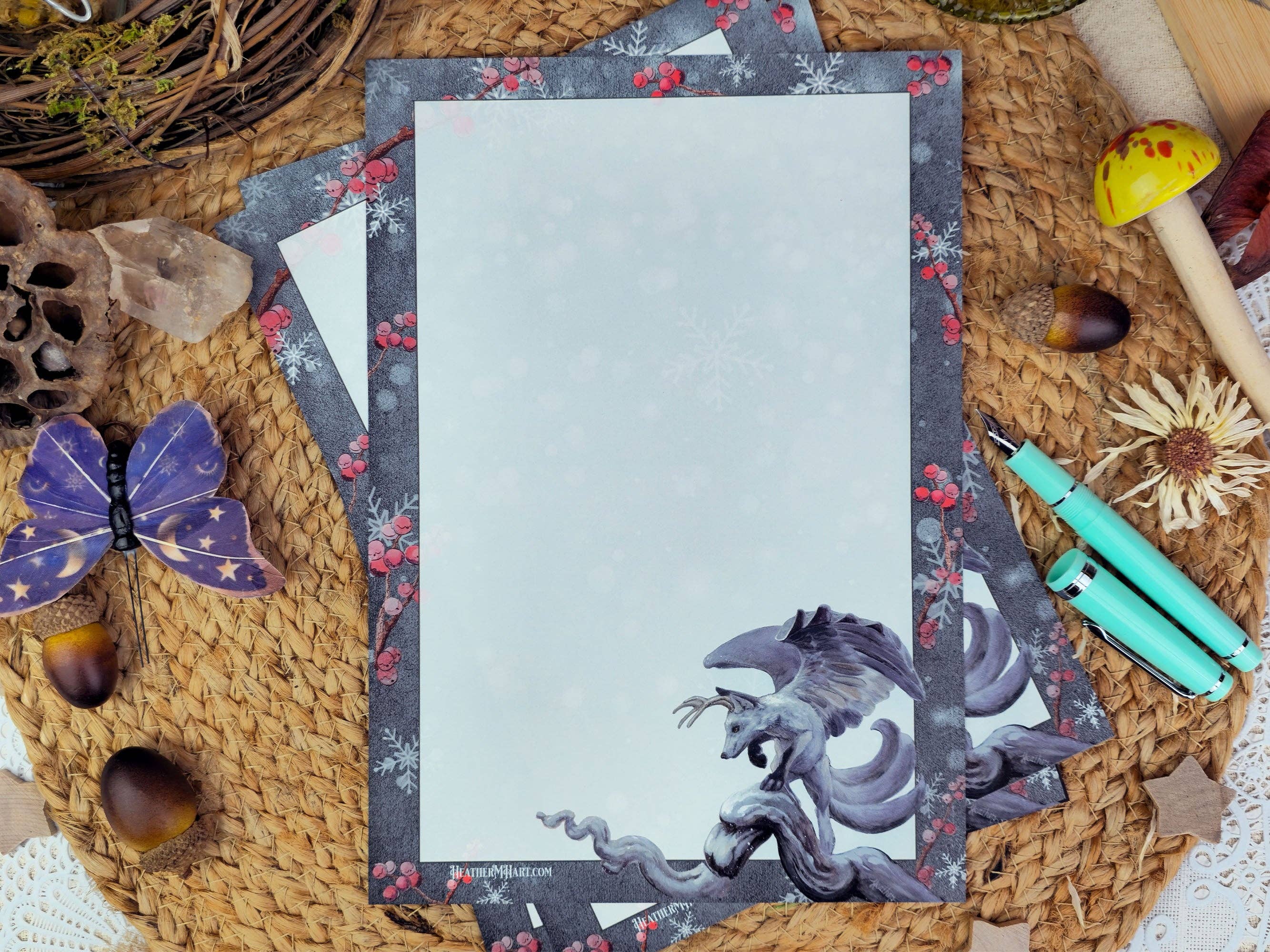 Wings of Fantasy - Wholesale Stationery/Notecard Set - Spirit of Winter Writing Set | Winter Fox Stationery Set |  Wolpteringer Art | Winter Berries | Handmade Wax Seals | Gift for Writer6