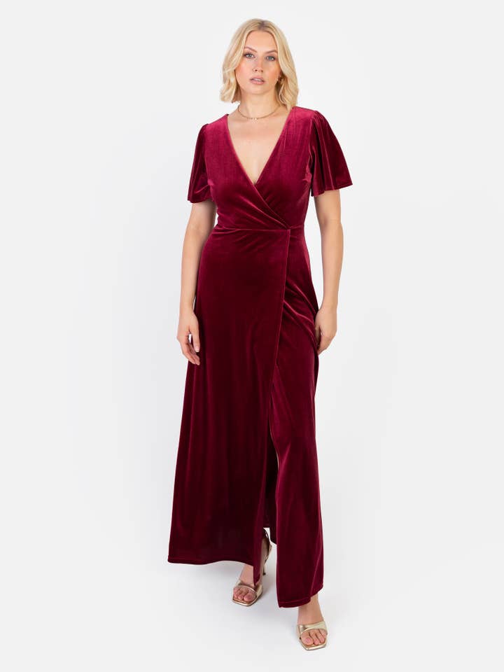 Maya Cranberry Faux Wrap Short Sleeve Velvet Maxi Dress for wholesale by Plaza Collection Ltd