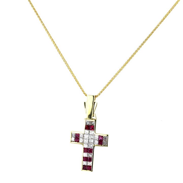 18K Yellow Gold Ruby & Diamond Cross Pendant for wholesale by NYMAN JEWELERS