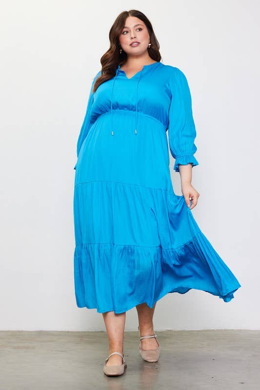 SKIES ARE BLUE - Wholesale Dress - Women's - Plus Size Long Sleeve Split Neck Maxi Dress2