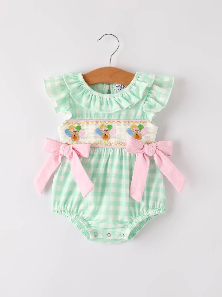 Fall Thanksgiving Green Chicken Smock Embroidered Plaid Baby Girls Romper for wholesale by Rylee Faith Designs