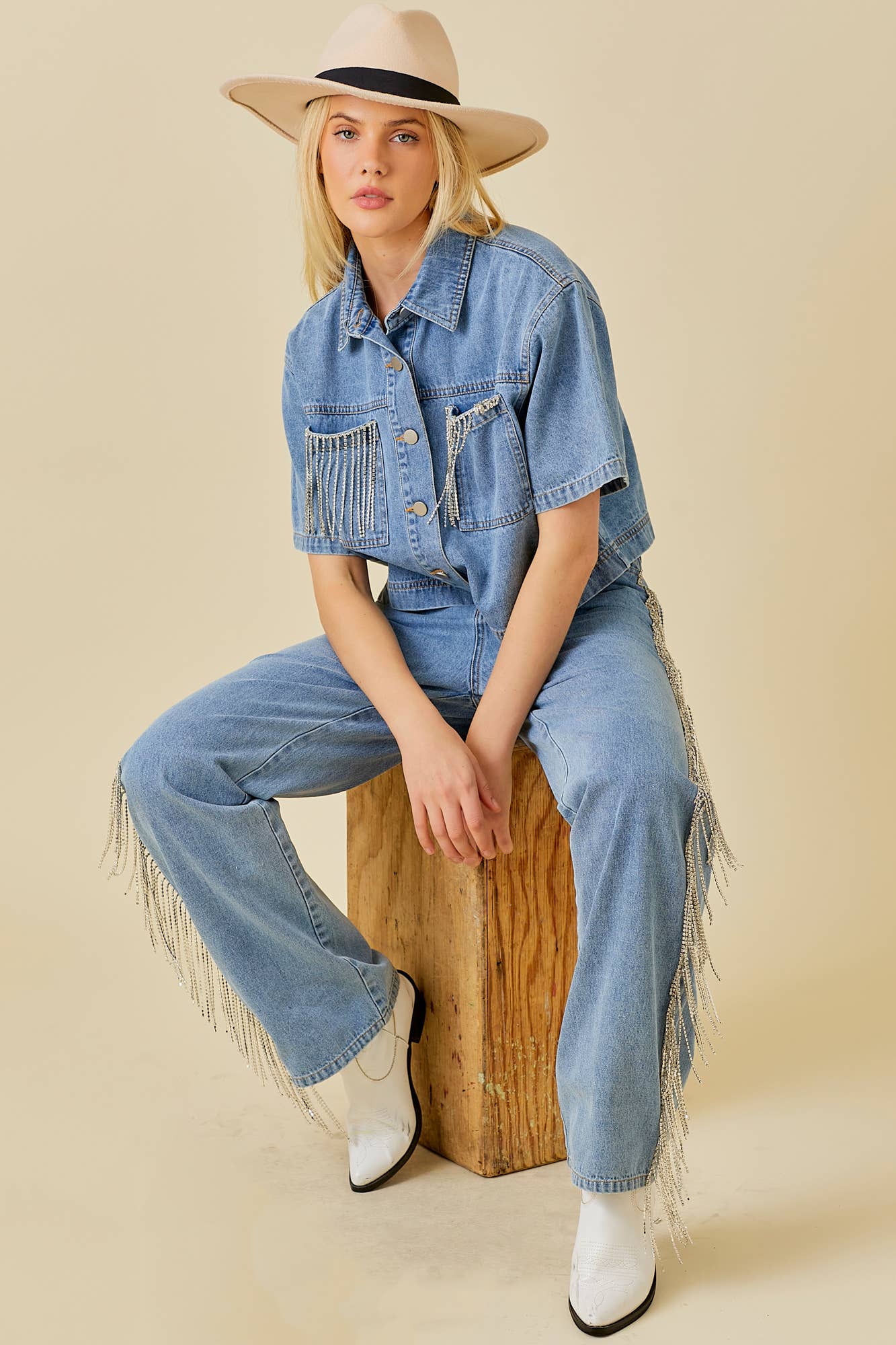 Side And Back Rhinestone Fringe Trim Denim Pants for wholesale on Faire11