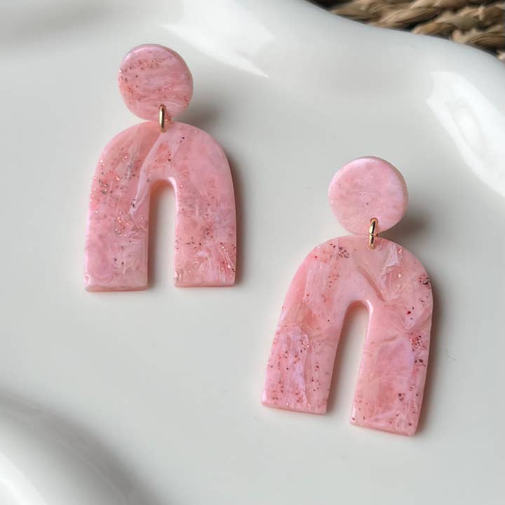 Soft Pink Marbled Organic Arches Polymer Clay Earrings for wholesale by Adriana Maria Designs