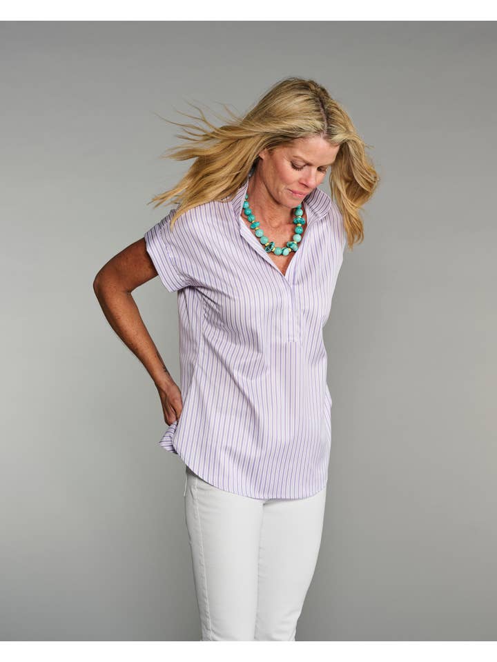 Morado La Blusa de Liga con Mangas Cap en Dúo de Rayas Lavanda de venta al por mayor en Faire2