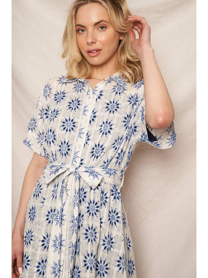 White Blue Eyelet Embroidered Button Down Mini Shirt Dress for wholesale on Faire