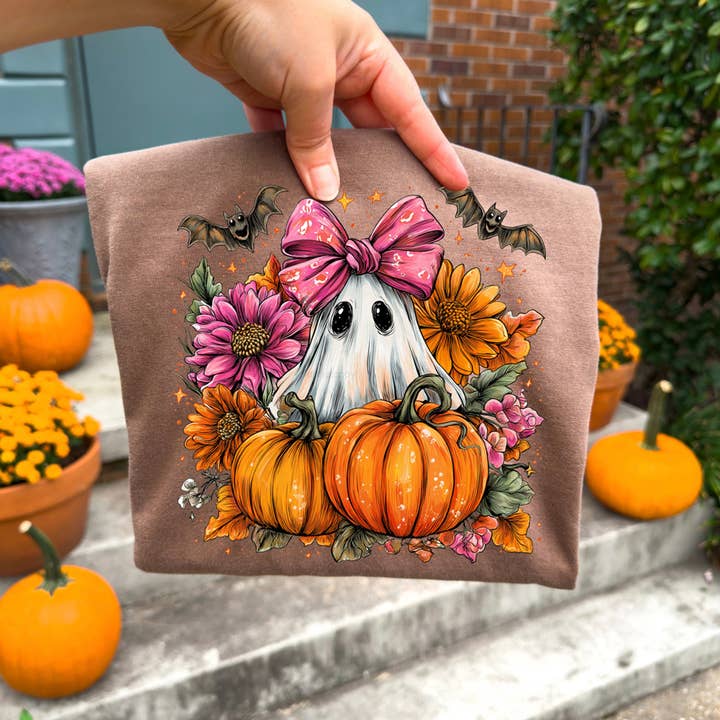 Floral Ghost With Pumpkins Tee for wholesale by Trendy Tee Co.