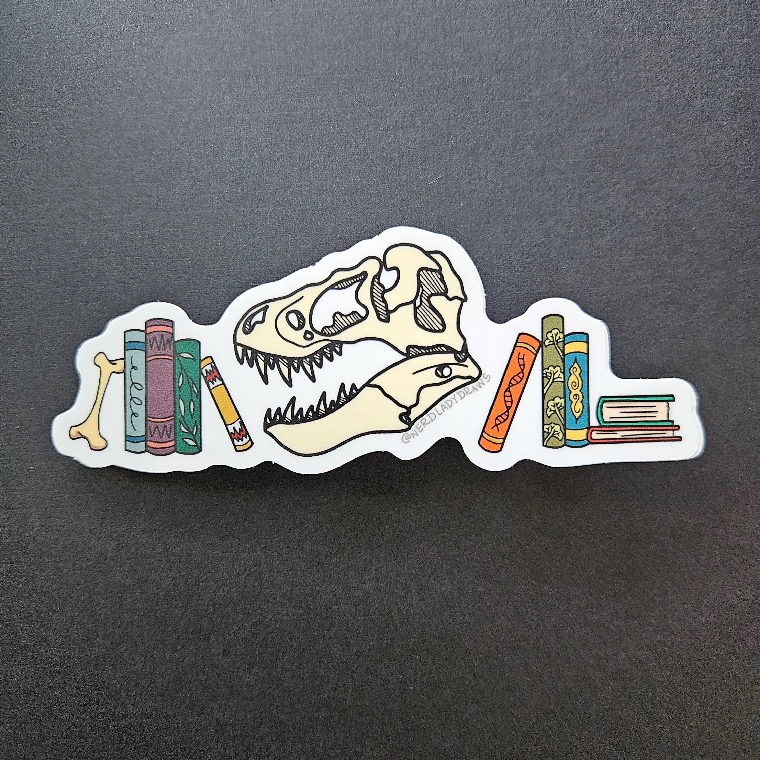 Nerd Lady Designs - Wholesale Phone & Laptop Stickers - Dinosaur Bookstack Sticker4