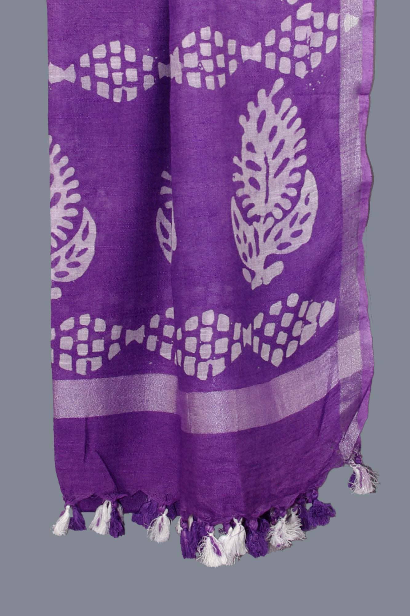 Kantha Decor – wholesale Scarf – Women's – Linen Scarf / Stole with Tussle  - Purple Batik Print1