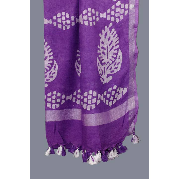 Kantha Decor – wholesale Scarf – Women's – Linen Scarf / Stole with Tussle - Purple Batik Print1