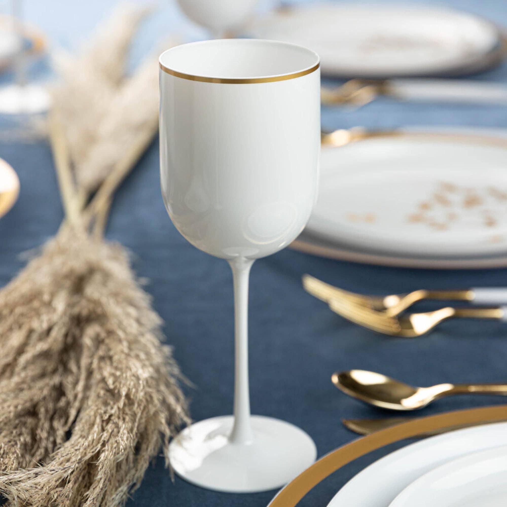 EcoQuality - Wholesale Wine Glass - 12oz White Gold Rim Plastic Wine Goblets2