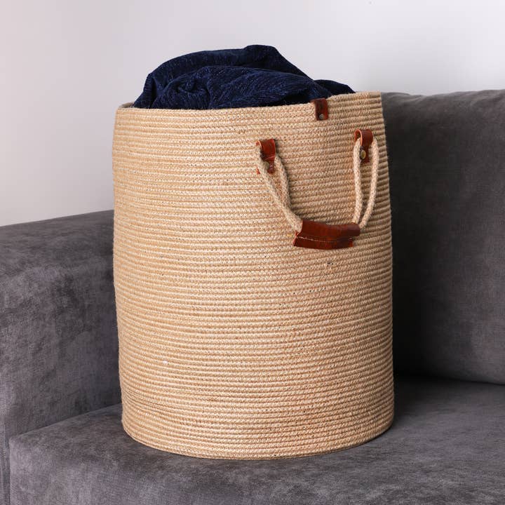 Cotton Rope Storage Basket – Oval Shape with Leather Handles for wholesale by Krafts GmbH Olive Wood