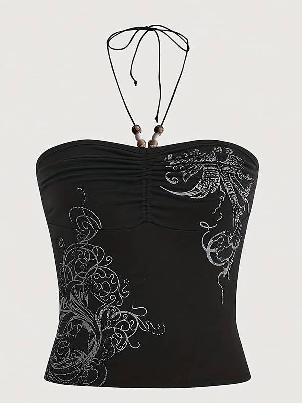 Black Women Dark Gothic Pattern Printed Halter Neck Camis for wholesale on Faire
