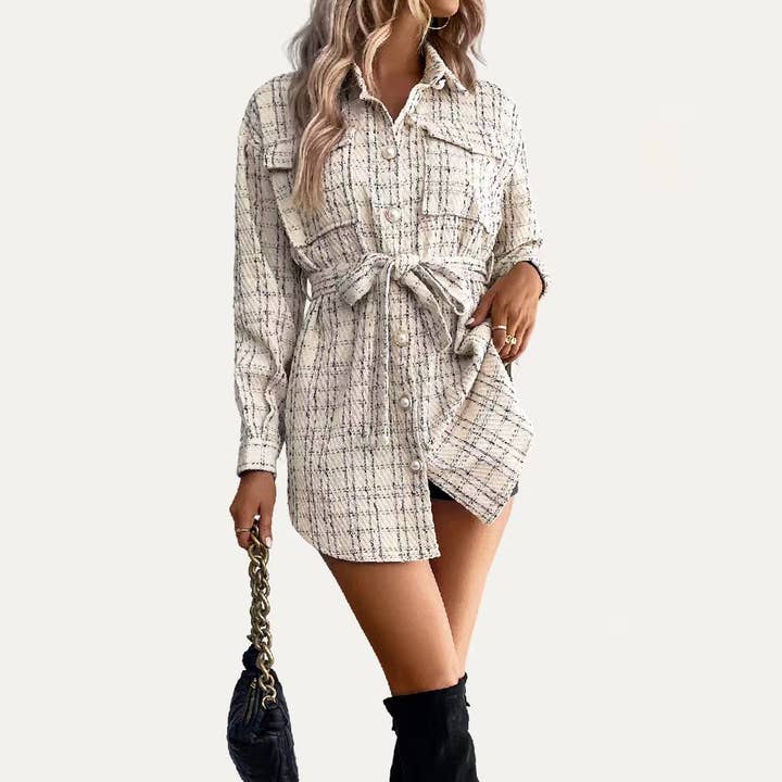 Apricot Looking Great Plaid Collared Neck Tweed Long Sleeve Shacket for wholesale on Faire12