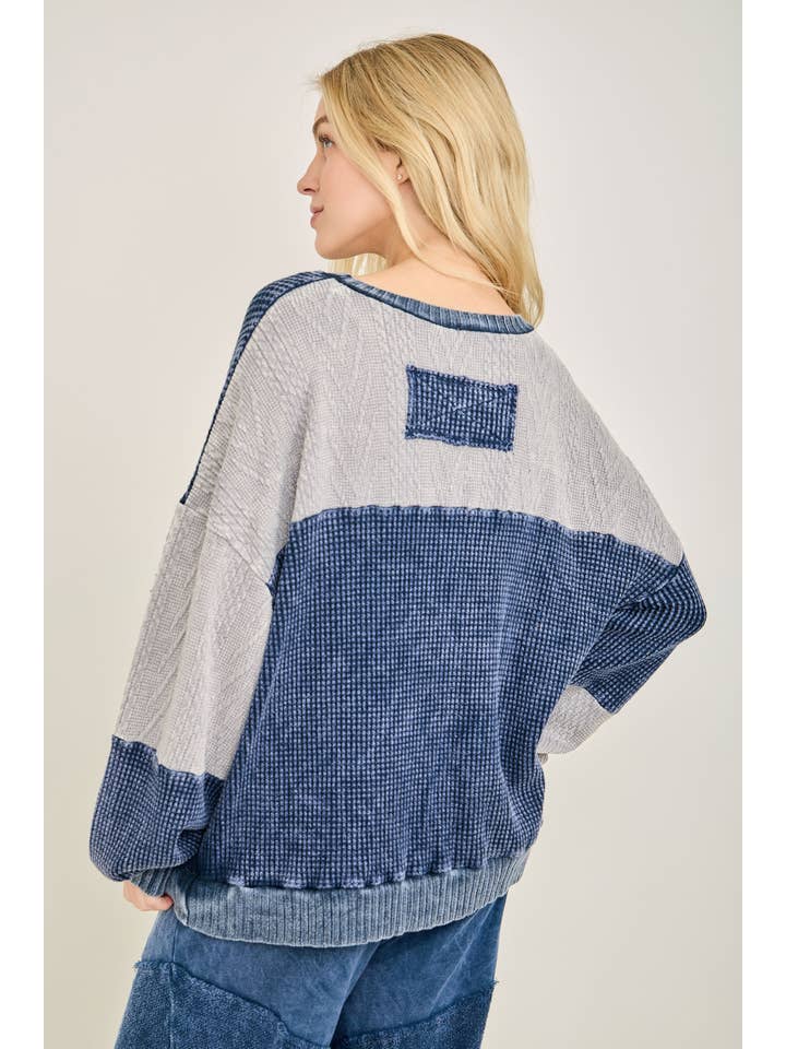 J.Her - Wholesale Knit Sweater - Women's - Mineral Washed Fall Winter Boho block Sweather Top HT679115