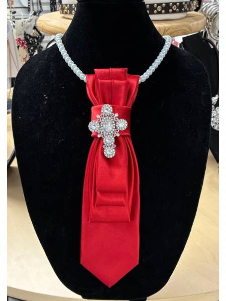 Custom Necktie Necklace - Red Satin with Cross for wholesale by See it…Love it…Buy it
