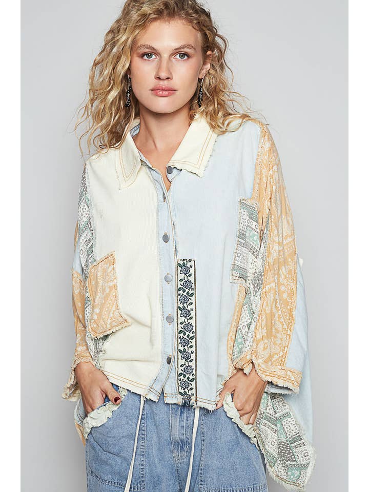 Pol Clothing - Wholesale Button Down Shirt - Women's - Oversize button down contrast fabric panel high low shirt