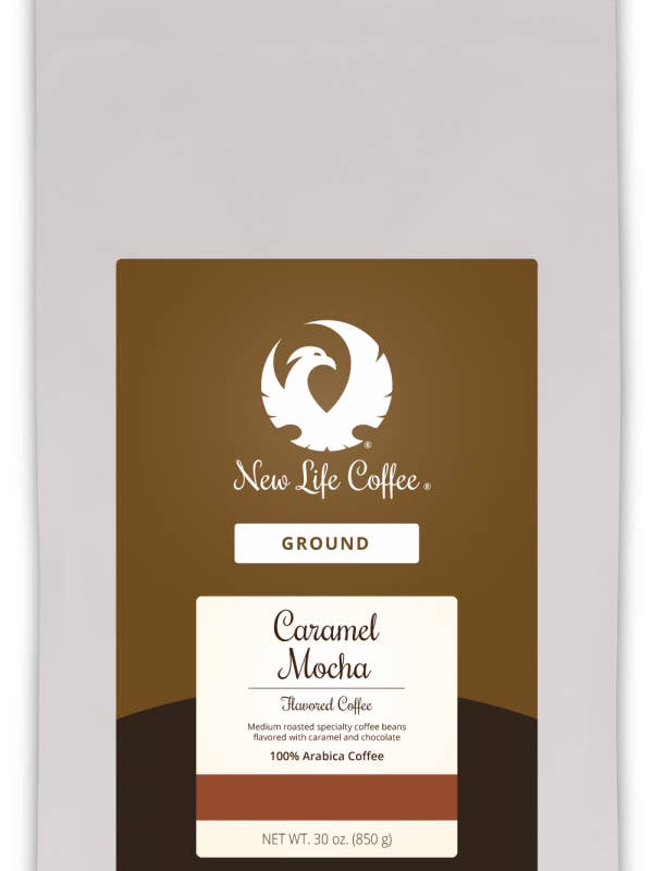 Caramel Moka Ground, sachet 30 oz pour la vente par New Life Coffee