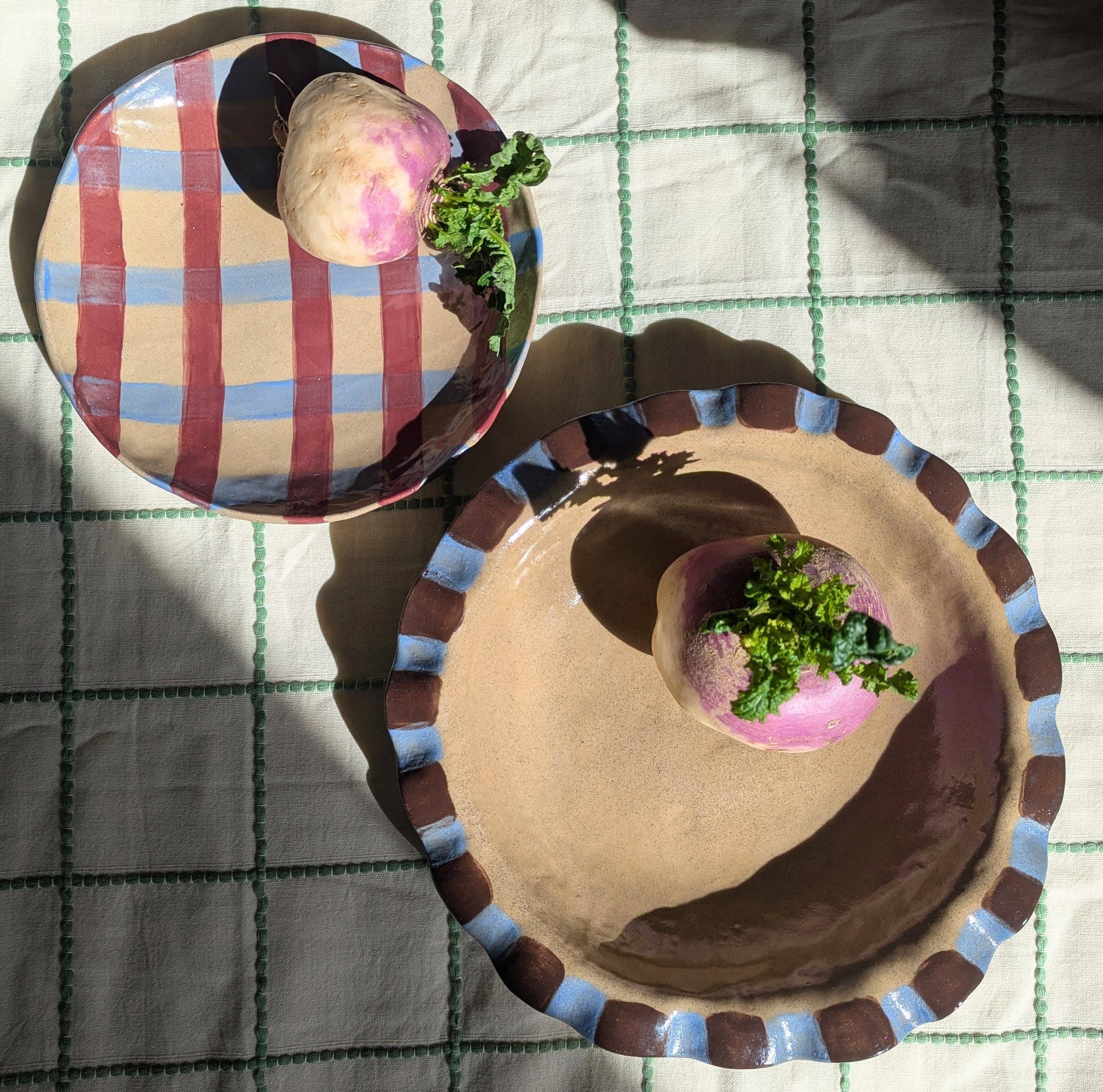 Rosie Gore – wholesale Serving bowl – Baby Blue & Burgundy Round Gingham Serving Bowl3