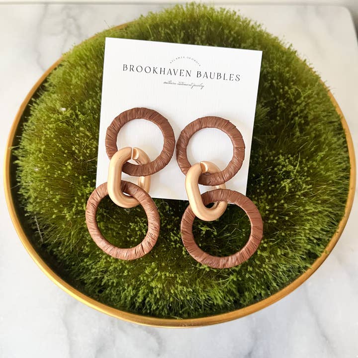 Brookhaven Baubles - Wholesale Dangle Earrings - Chocolate Brown & Matte Gold Raffia circle Link Earrings
