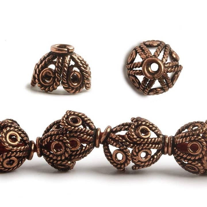 9x15mm Copper Bead Cap Twisted Rope Filigree Design 8 inch 24 pcs for wholesale by Beads of Cambay