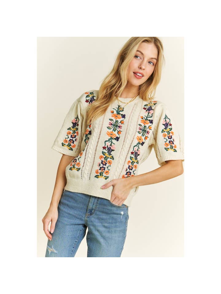 Sweet Generis - Wholesale Knit Sweater - Women's - CUTE FLORAL EMBROIDERY CASUAL PULLOVER SWEATER1