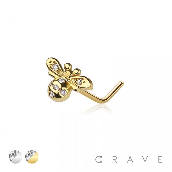CZ GEM PAVED BUMBLE BEE 316L SS L-SHAPE NOSE STUD for wholesale by CRAVE