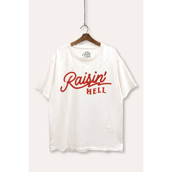 Raisin' Hell Retro-typografie Mineral Wash Distressed T-shirt voor wholesale door VINTAGE POINT USA