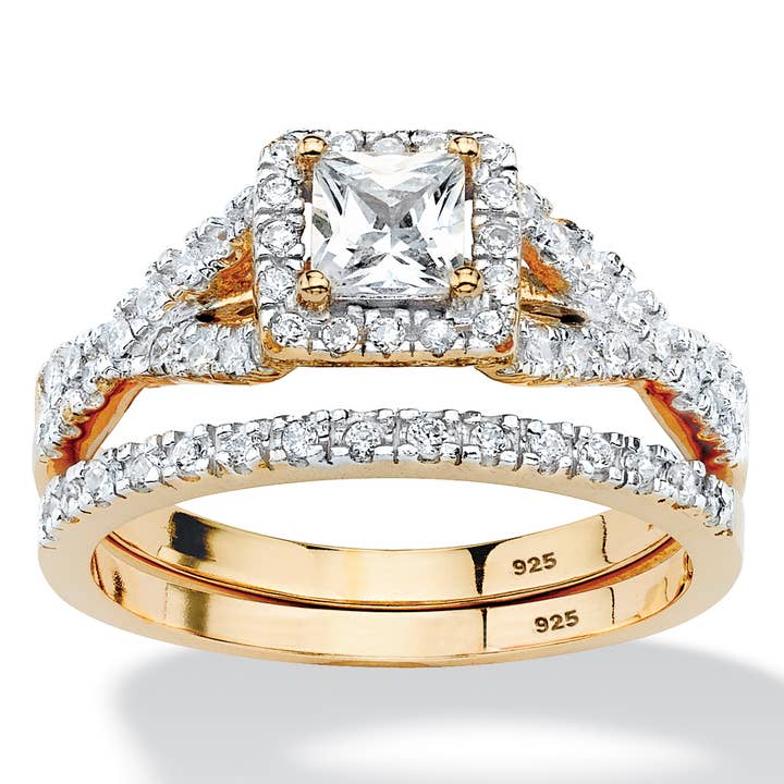 Princess-Cut Cubic Zirconia Bridal Set in Gold-Plated Silver for wholesale by PalmBeach Jewelry