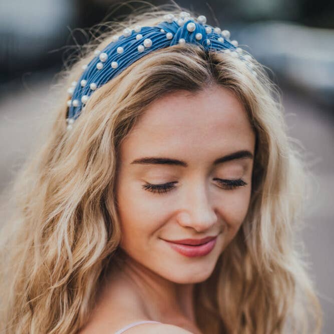 Lola Blue Pearl Knot Headband for wholesale by Evelyn and Rose