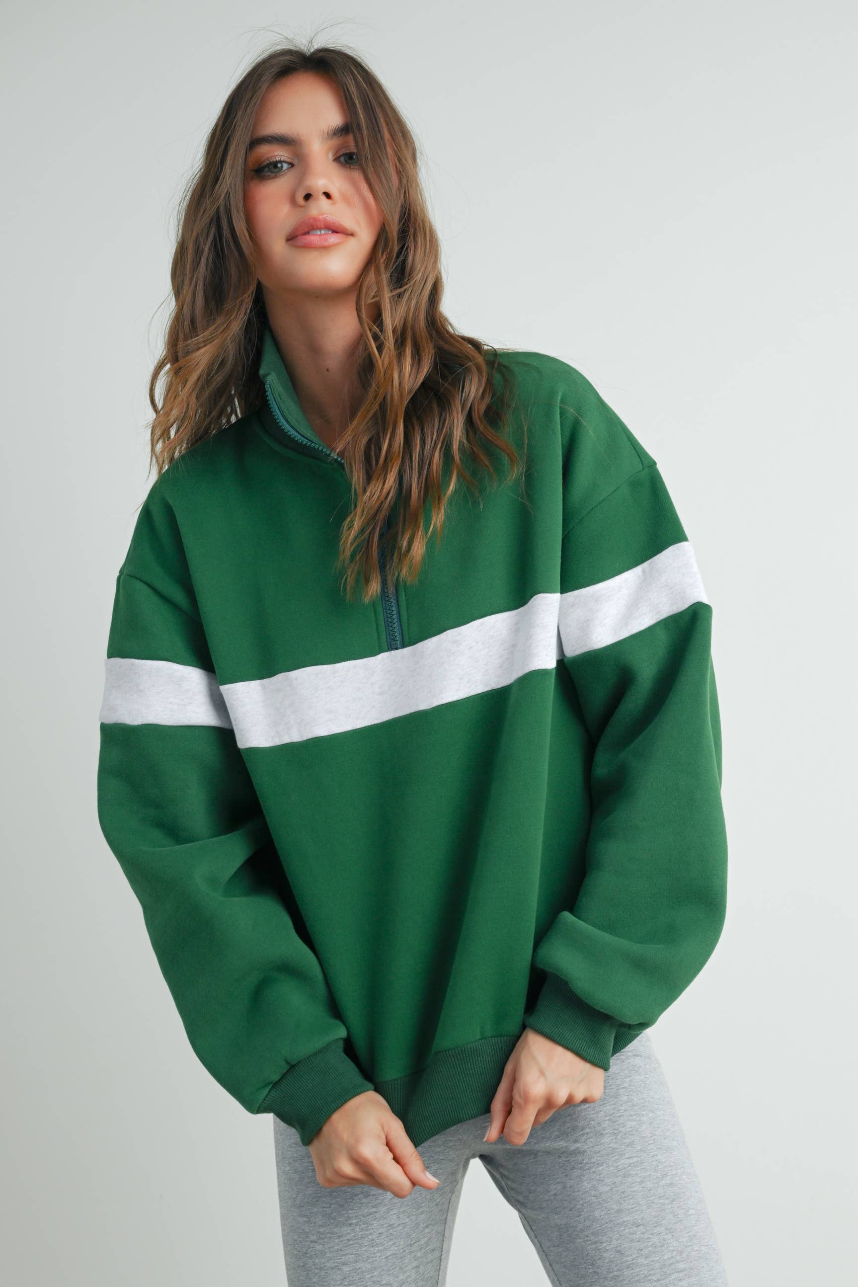 BUTTERMELON - Wholesale Sweatshirt - Women's - Two-Toned Half Zip Collar Sweatshirt - BMT753551
