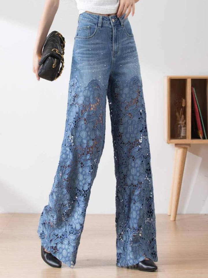 safistyle - Wholesale Jeans - Women's - Lace Denim Wide-Leg Pants6