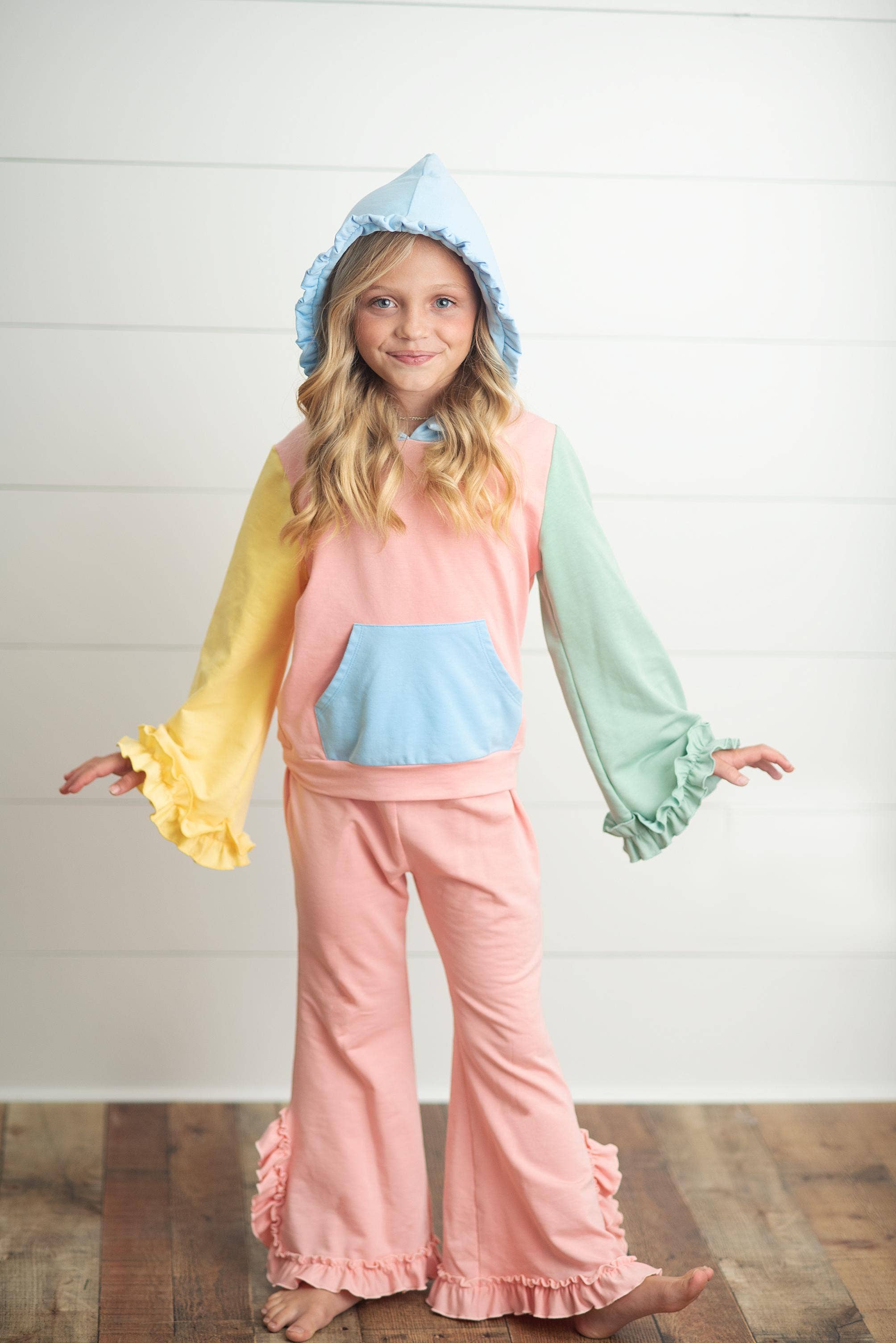Oopsie Daisy - Wholesale Top & Pant Set - Kids - Kids Pastel Color Block Hooded Ruffle Pocket Fall Lounge Set
