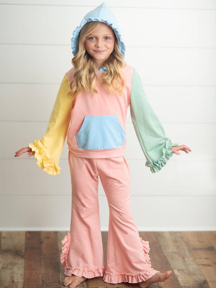 Kids Pastel Color Block Hooded Ruffle Pocket Fall Lounge Set and other Purchase Wholesale psd. Free Returns & Net 60 Terms on Faire trending on Faire.