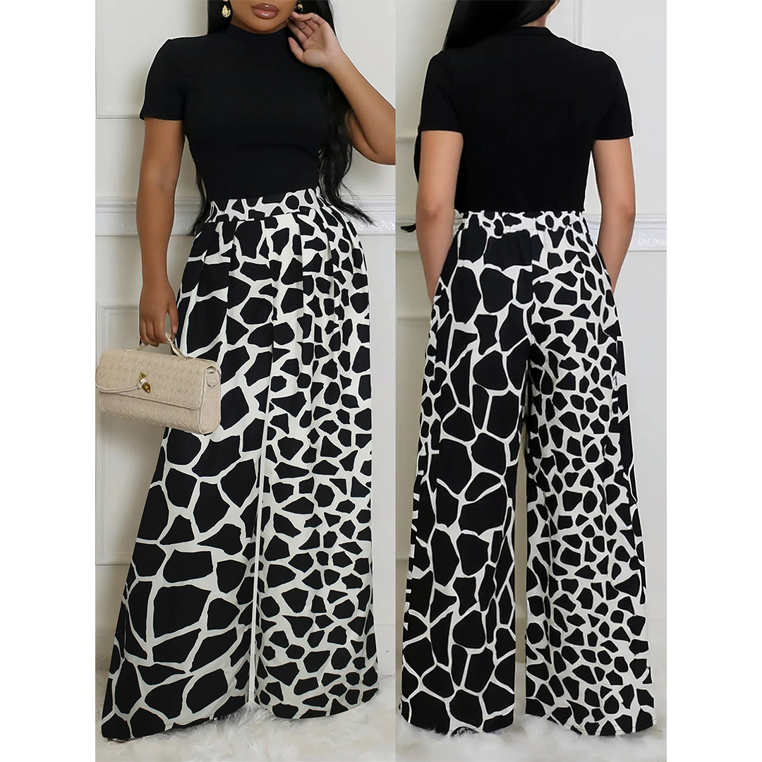 Black Crew Neck Short Sleeve Top High Waist Long Pants Set ZK3256 for wholesale on Faire4