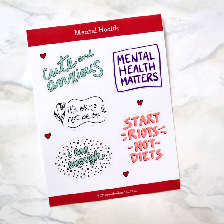 Mental Health Sticker Sheet for wholesale by Kitties and Cabernet