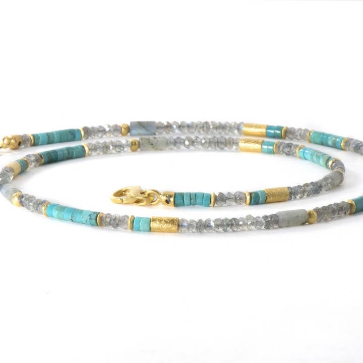 Joyla Jewelry - Wholesale Beaded/Pearl Necklace - Labradorite and Turquoise 3mm Necklace 24K Fair Trade Gold Vermeil1