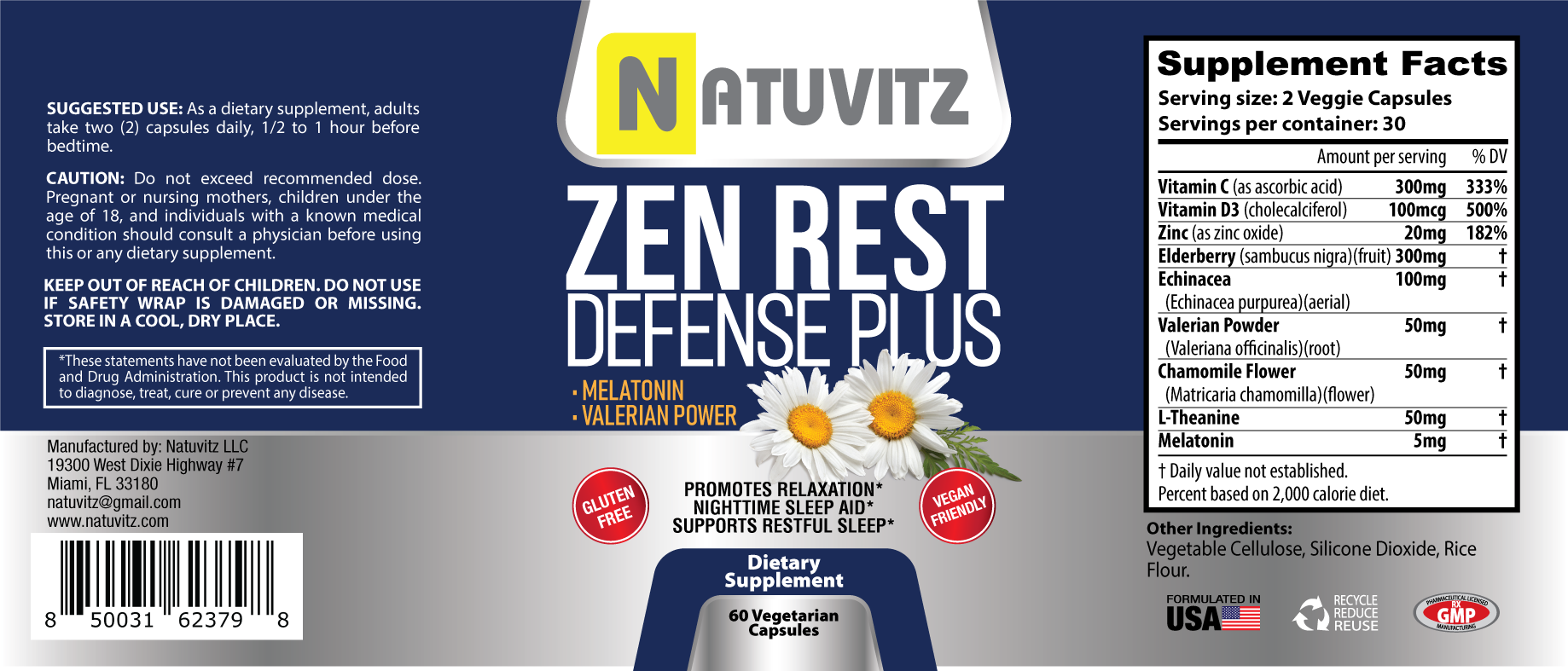 Natuvitz - Venta al por mayor Suplementos/vitaminas para beber - Suplemento dietético de melatonina Zen Rest, complejo para ayudar a dormir con6