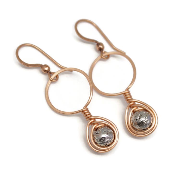 Copper and Silver Lava Stone Wire Wrapped Earrings for wholesale by Pillar of Salt Studio