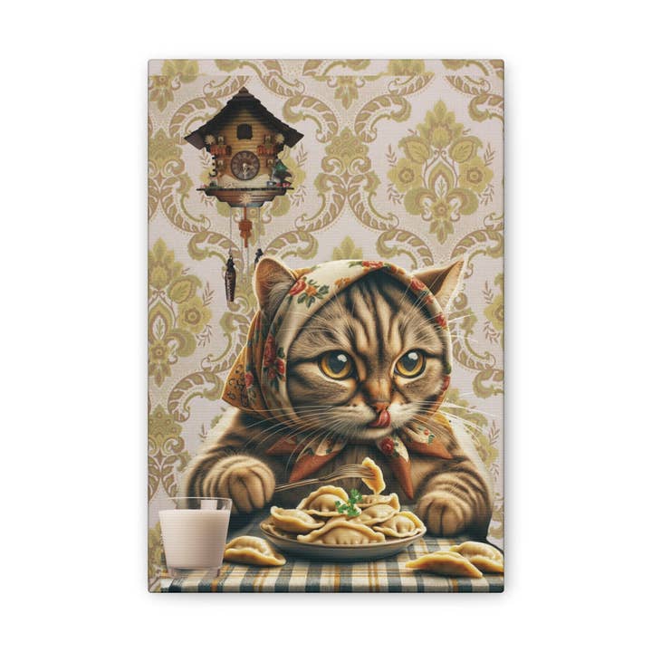 Babushka Cat - Wholesale Art Print - Babushka Cat Eats Her Pierogi