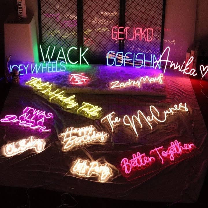 WHITE Neon Sign With Acrylic Backplate Carved Decor for wholesale on Faire1