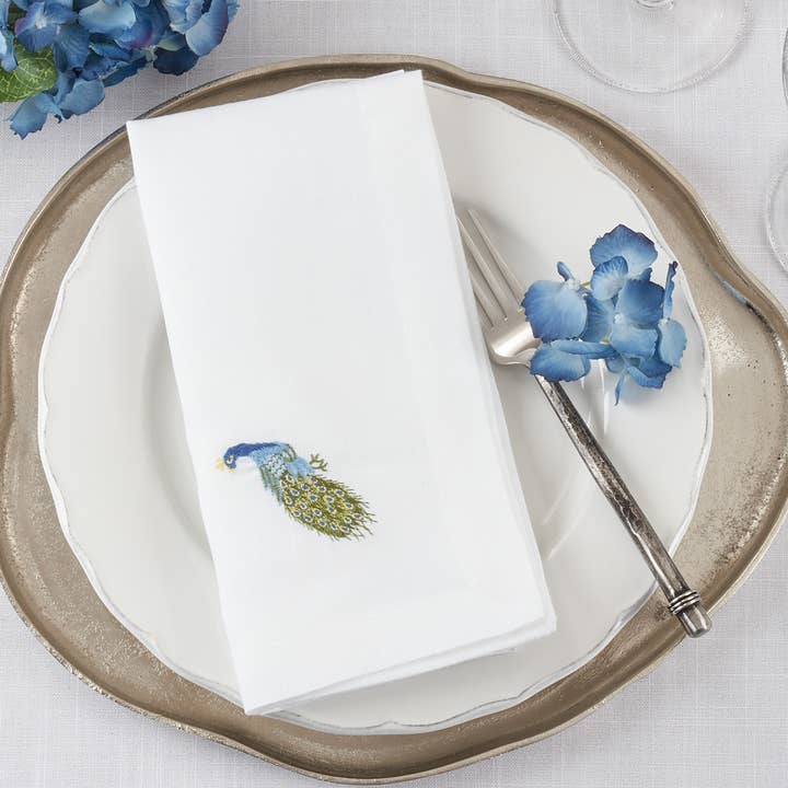 Embroidered Peacock White 20" Cloth Napkin for wholesale by Fennco Styles