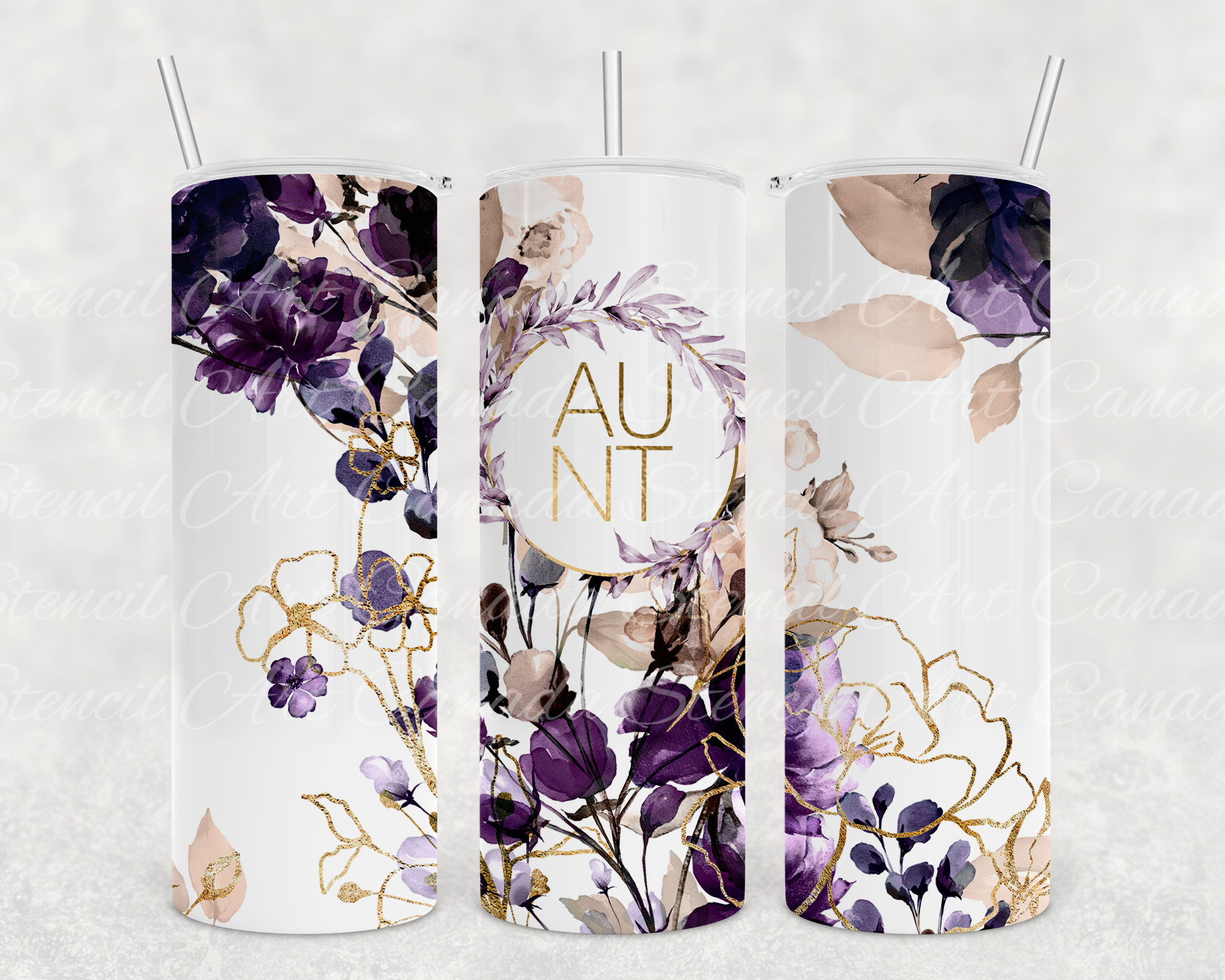 Stencil Art Canada - Wholesale Insulated Mug/Tumbler - Aunt Floral Tumbler, 20 oz. Stainless Steel  4